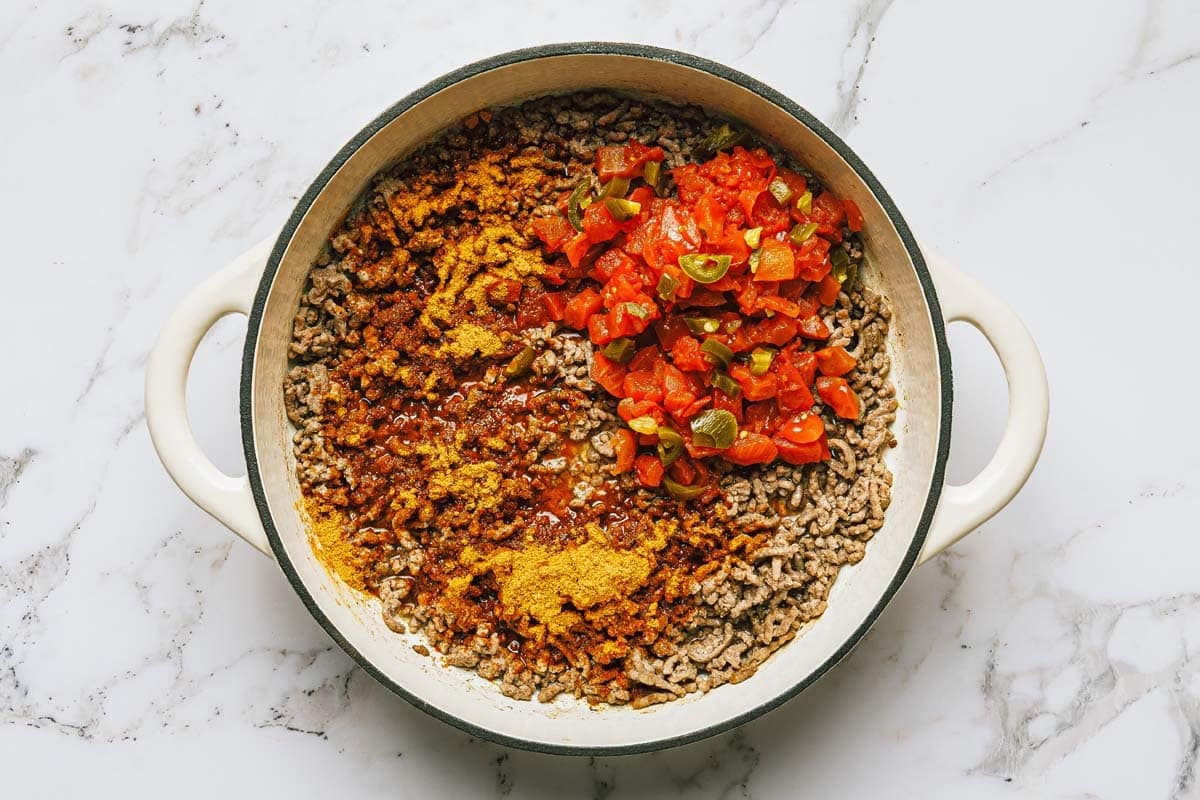 Ground beef with taco seasoning and Rotel tomatoes.