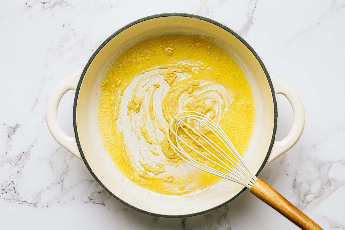Melted butter and flour in a large pan.