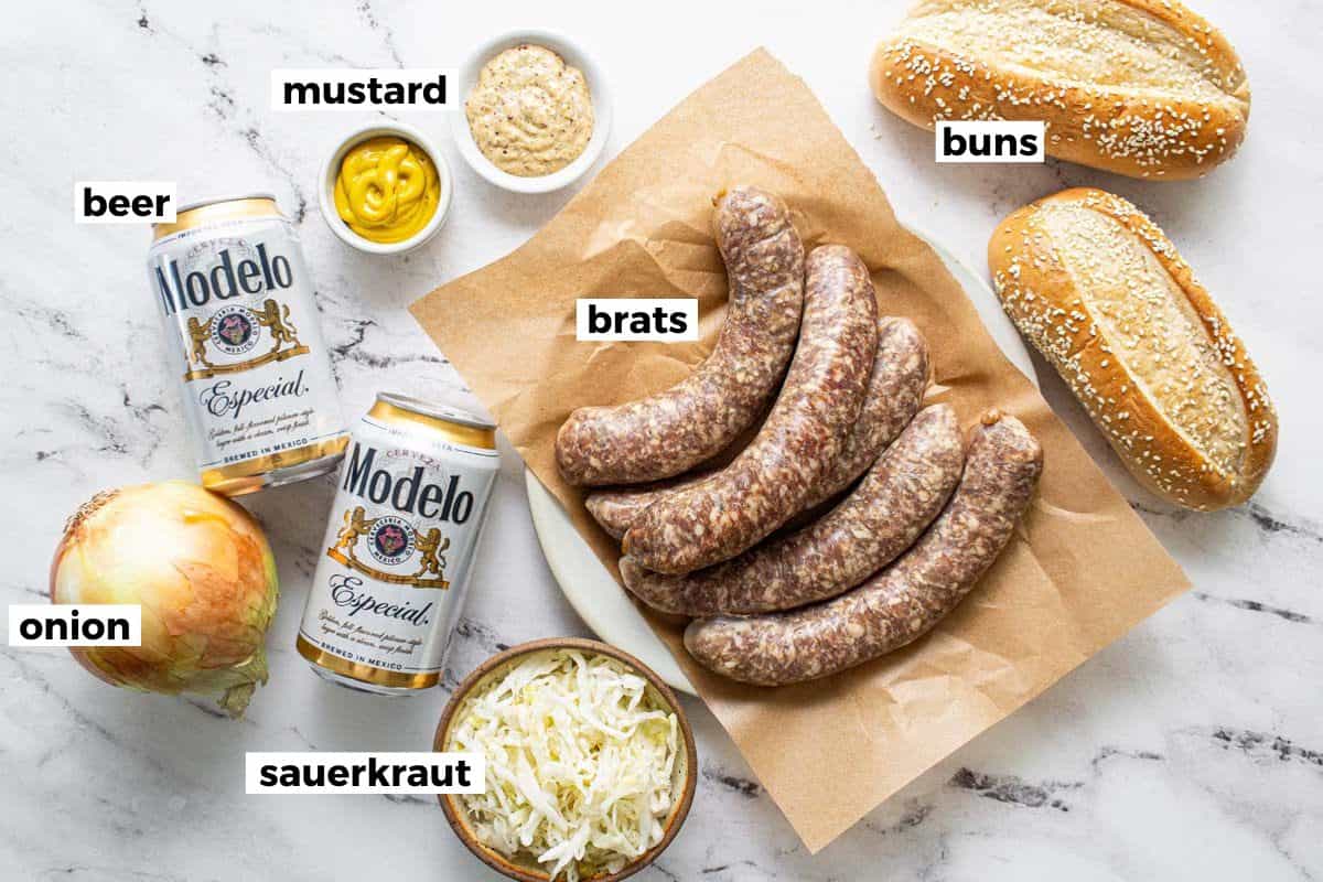 Ingredients to make Wisconsin beer brats. 