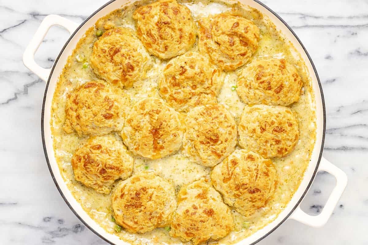 Biscuits baked on top of a creamy chicken and veggie base. 