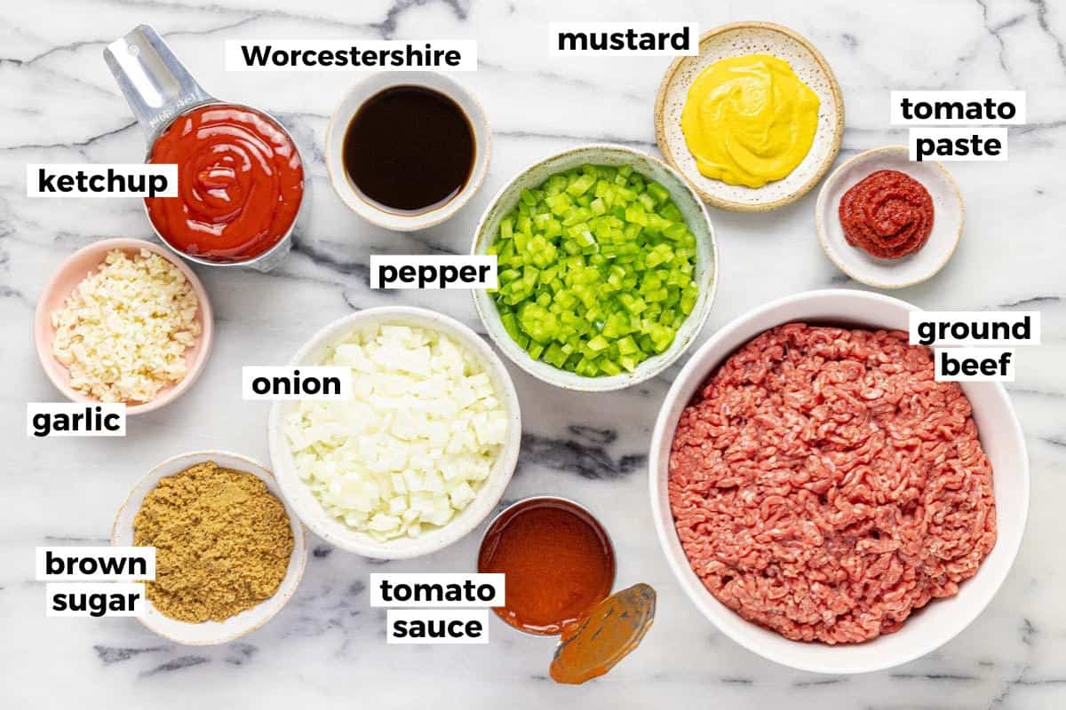 Bowls of ingredients to make crock pot sloppy joes. 