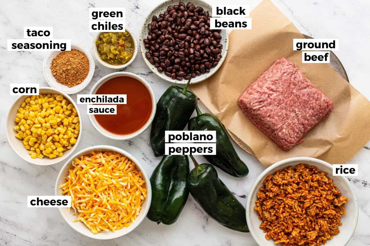 Bowls of ingredients to make stuffed poblano peppers. 