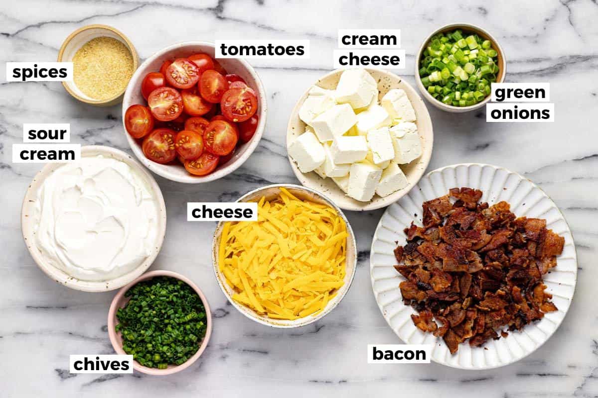 Bowls of ingredients to make creamy BLT dip. 