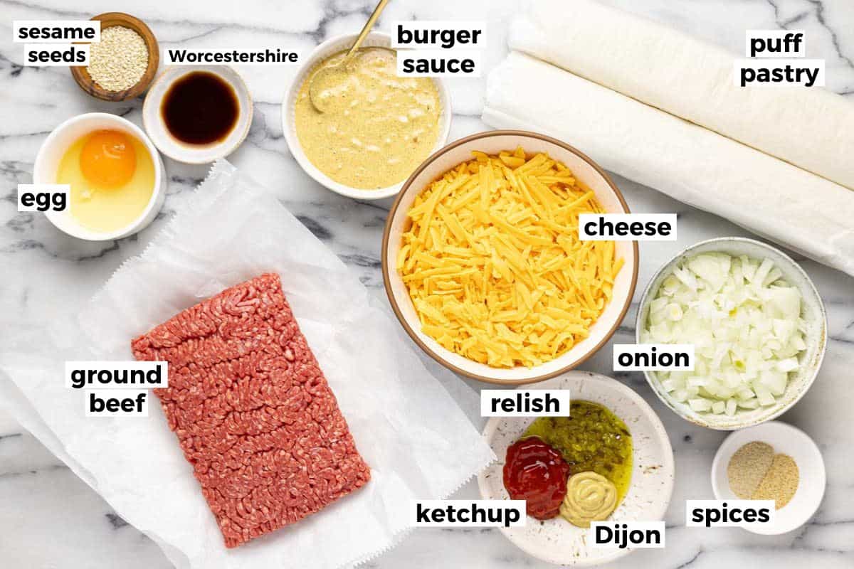 Bowls of ingredients to make cheeseburger pie. 