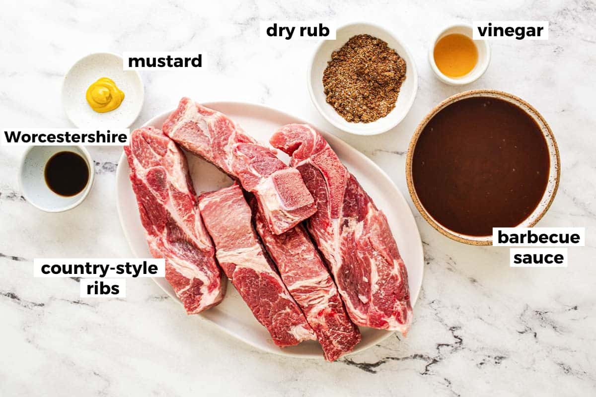 Bowls of ingredients to make country style ribs in the slow cooker. 