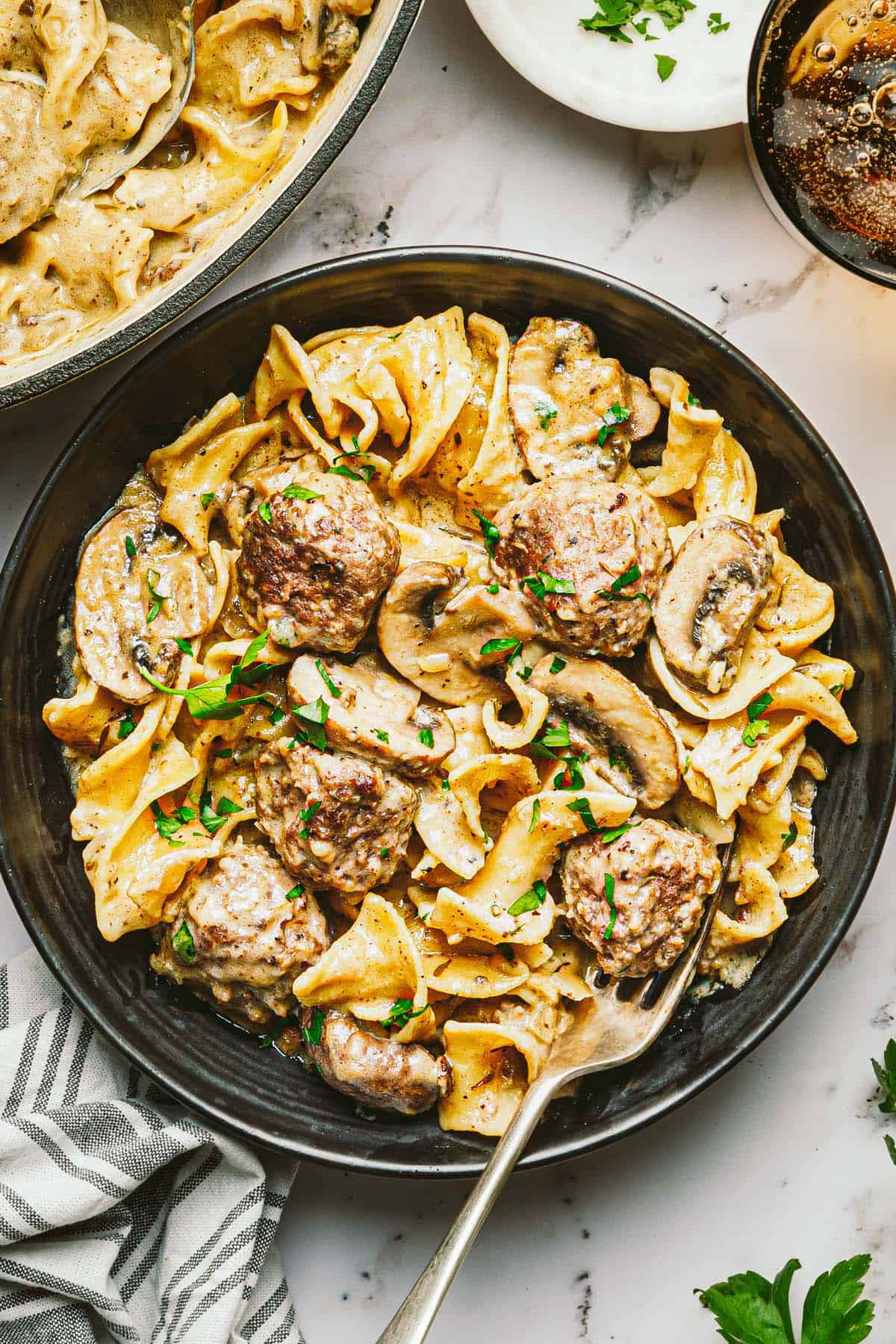 Bowl of meatball stroganoff with mushrooms. 