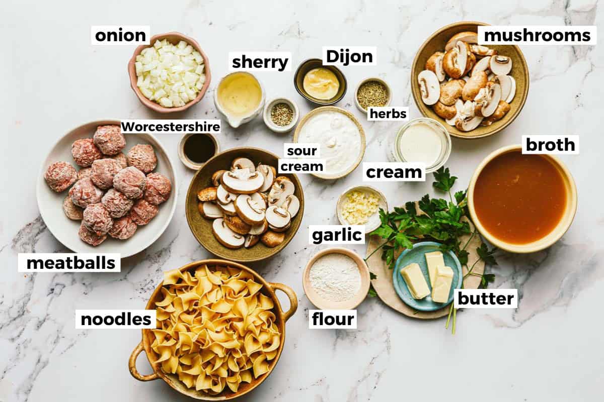 Bowls of ingredients to make meatball stroganoff. 