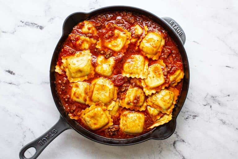 Skillet Cheese Ravioli with Ground Beef - Midwest Foodie
