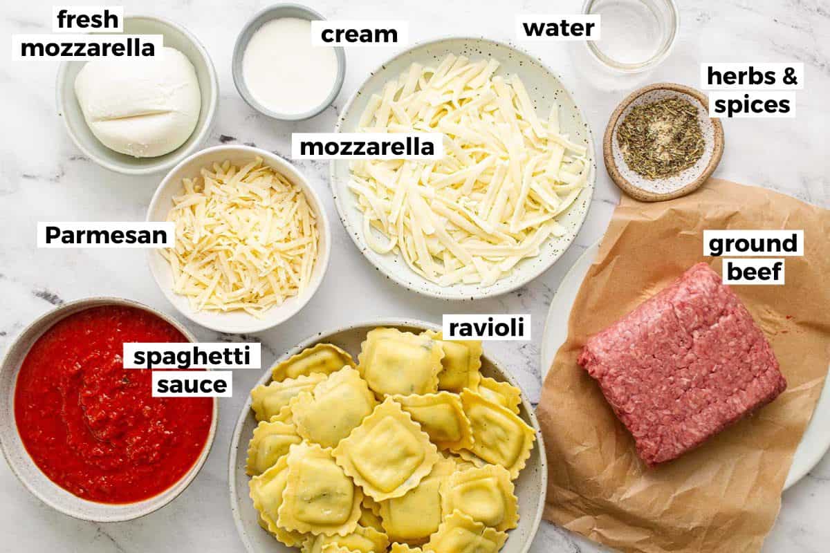 Bowls of ingredients to make skillet cheese ravioli. 