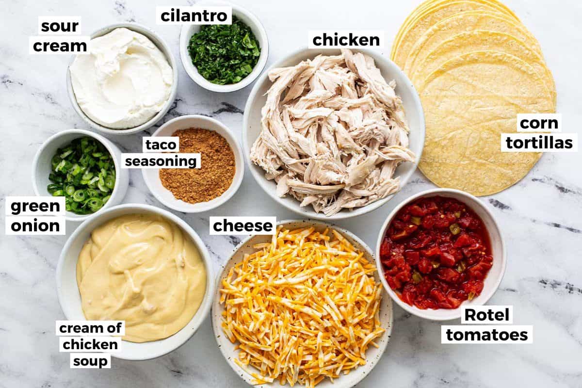 Bowls of ingredients to make king ranch chicken casserole. 