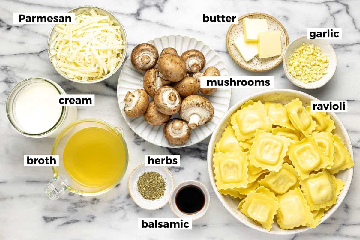 Bowls of ingredients to make mushroom ravioli. 