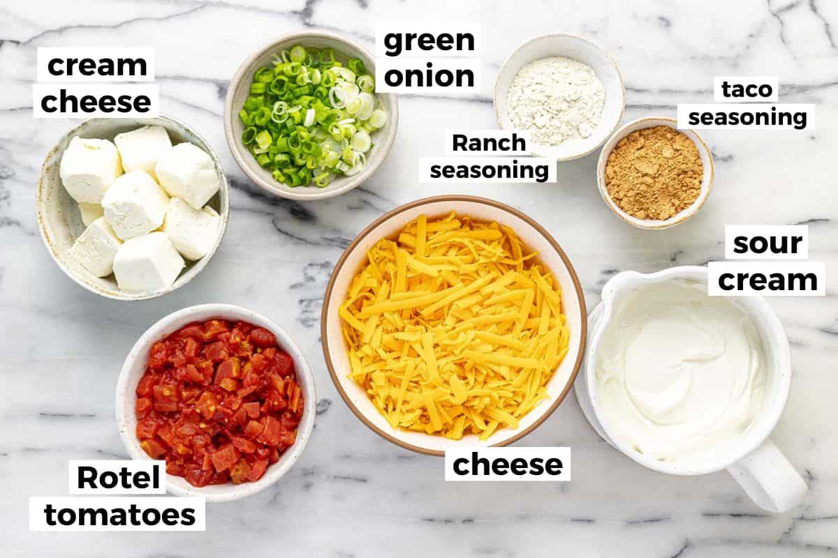 Bowls of ingredients to make boat dip. 