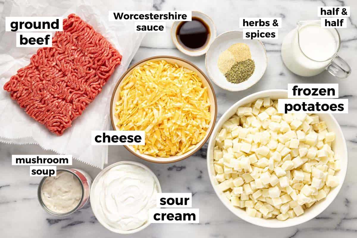 Bowls of ingredients to make hamburger and potato casserole. 