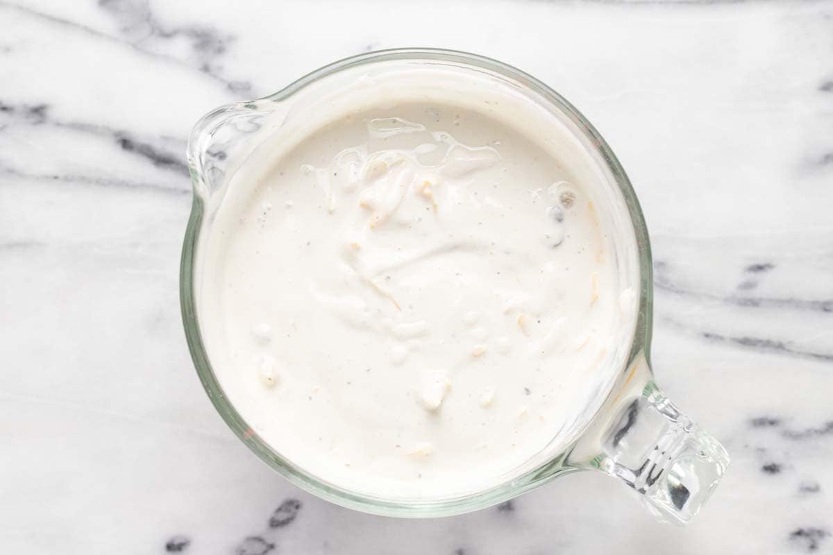 Creamy soup mixture in a large mixing bowl. 