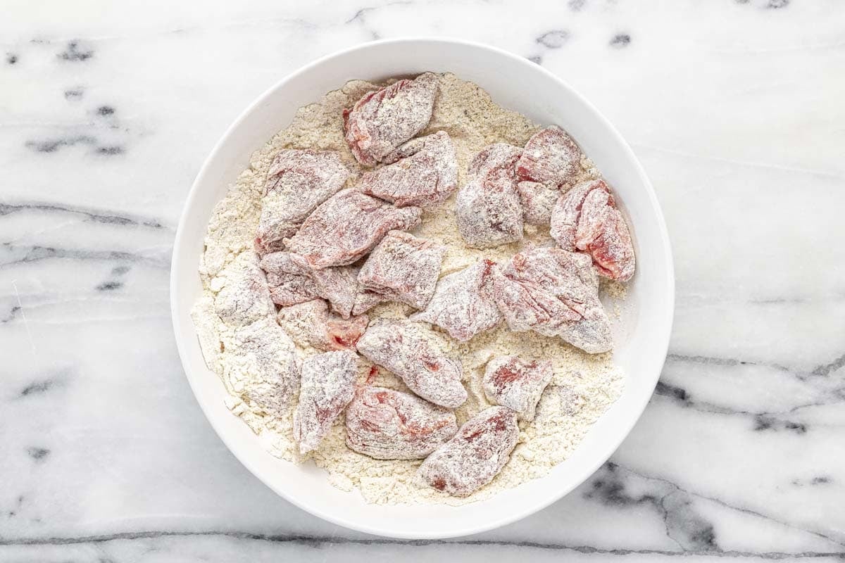 Beef stew meat dredged in flour and spices. 