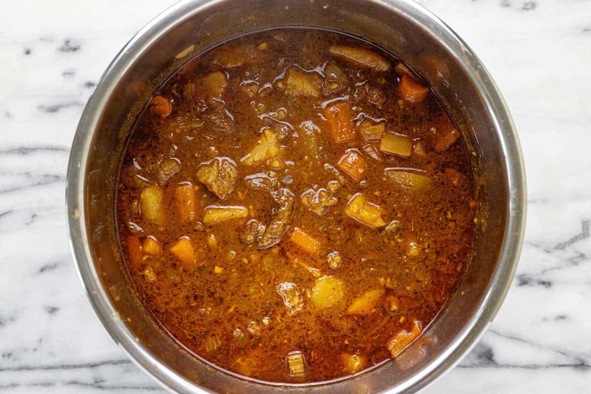 Cooked beef stew in an instant pot. 
