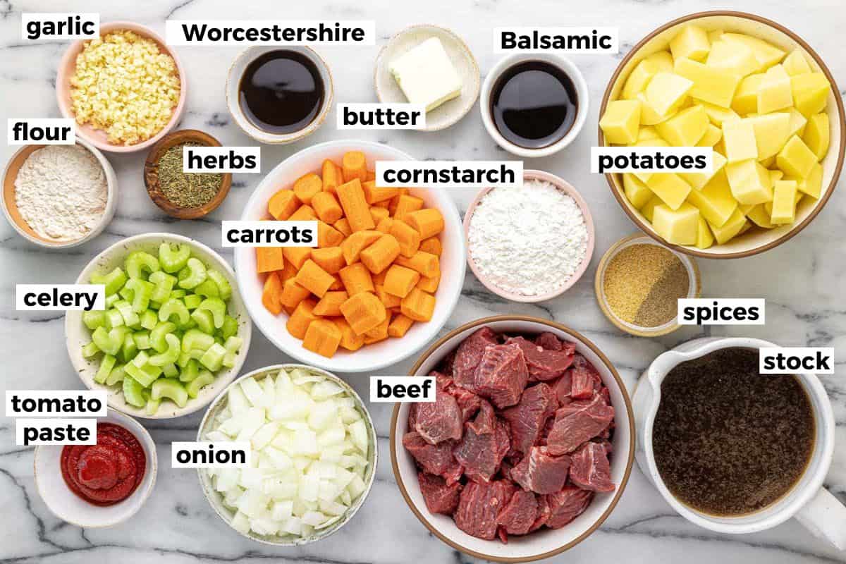 Bowls of ingredients to make instant pot beef stew. 