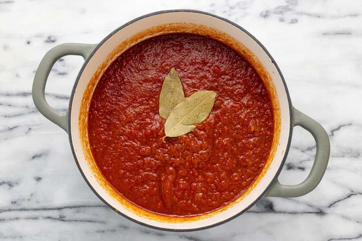 Large pot with homemade tomato sauce and two basil leaves. 