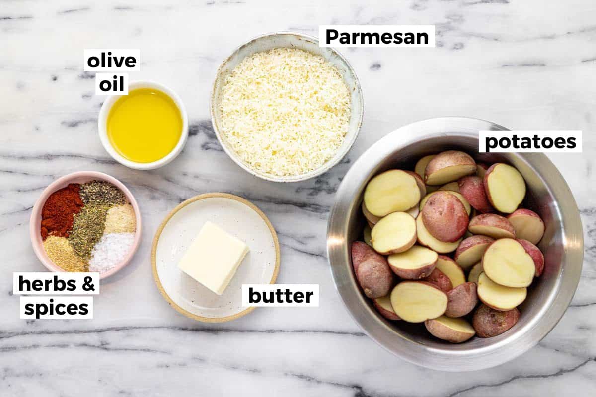 Bowls of ingredients to make roasted red potatoes. 