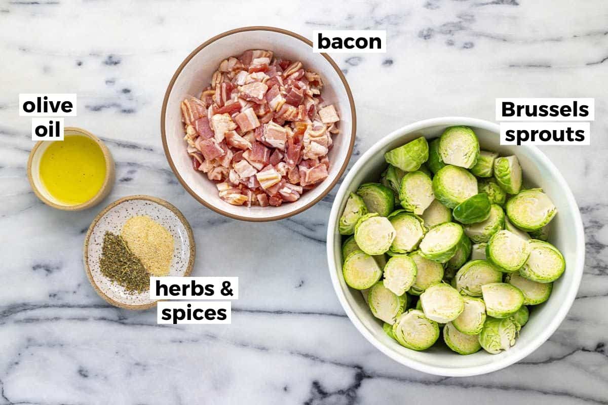 Bowls of ingredients to make bacon roasted Brussels sprouts.