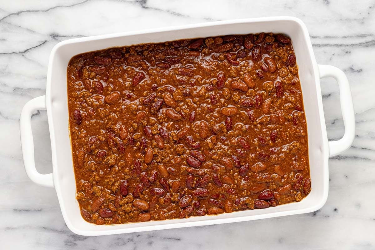 Baking dish filled with homemade chili. 