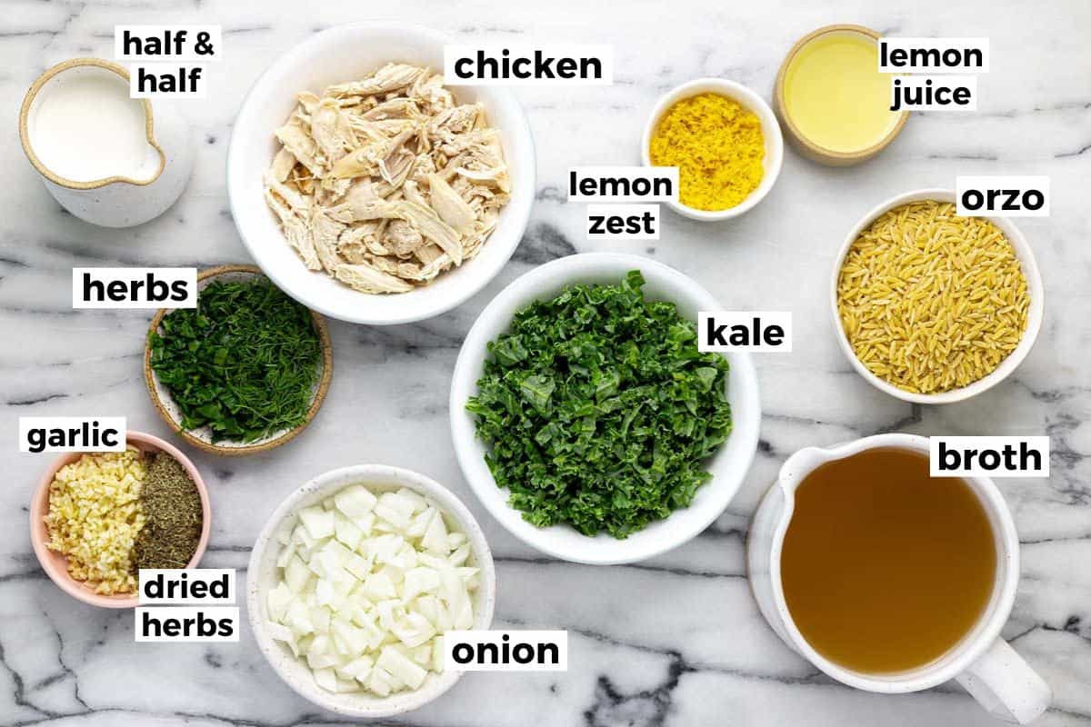 Bowls of ingredients to make lemon chicken orzo pasta. 