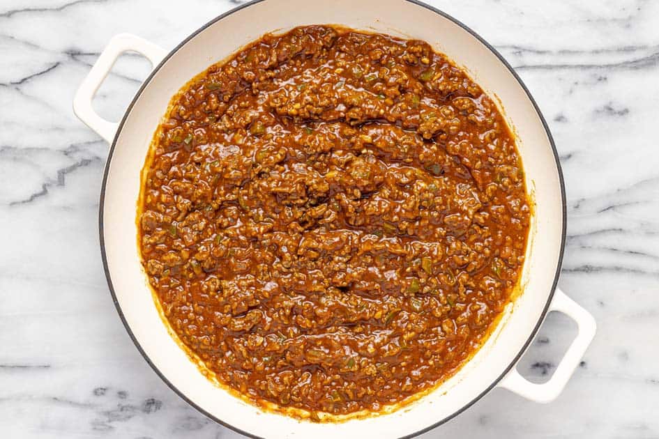 Homemade sloppy joe mixture in a large pan. 