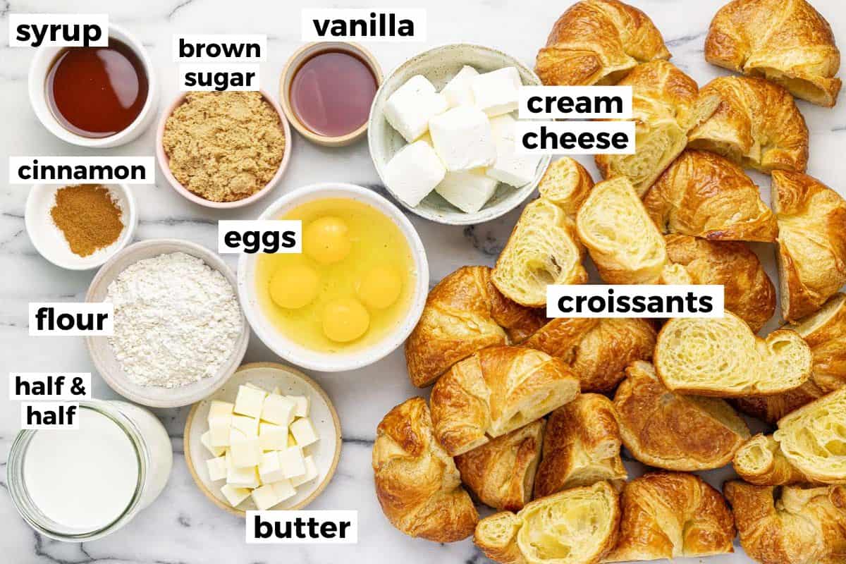 Bowls of ingredients to make French toast croissant bake.