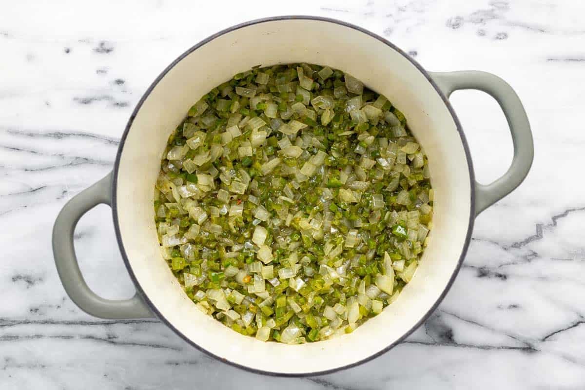 Sauteed veggies in a large pot. 