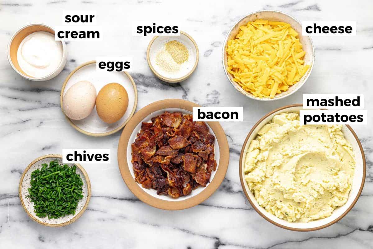 Bowls of ingredients to make mashed potato muffins. 