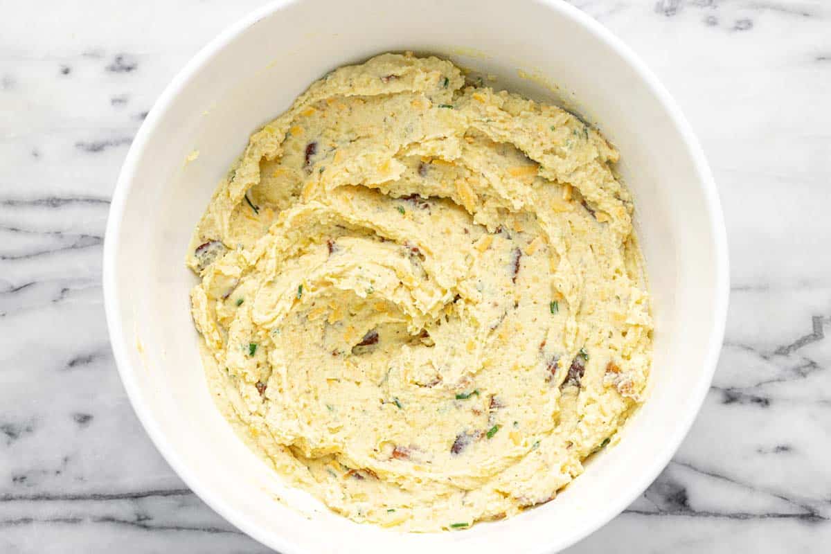 Mashed potato muffin batter in a large bowl. 