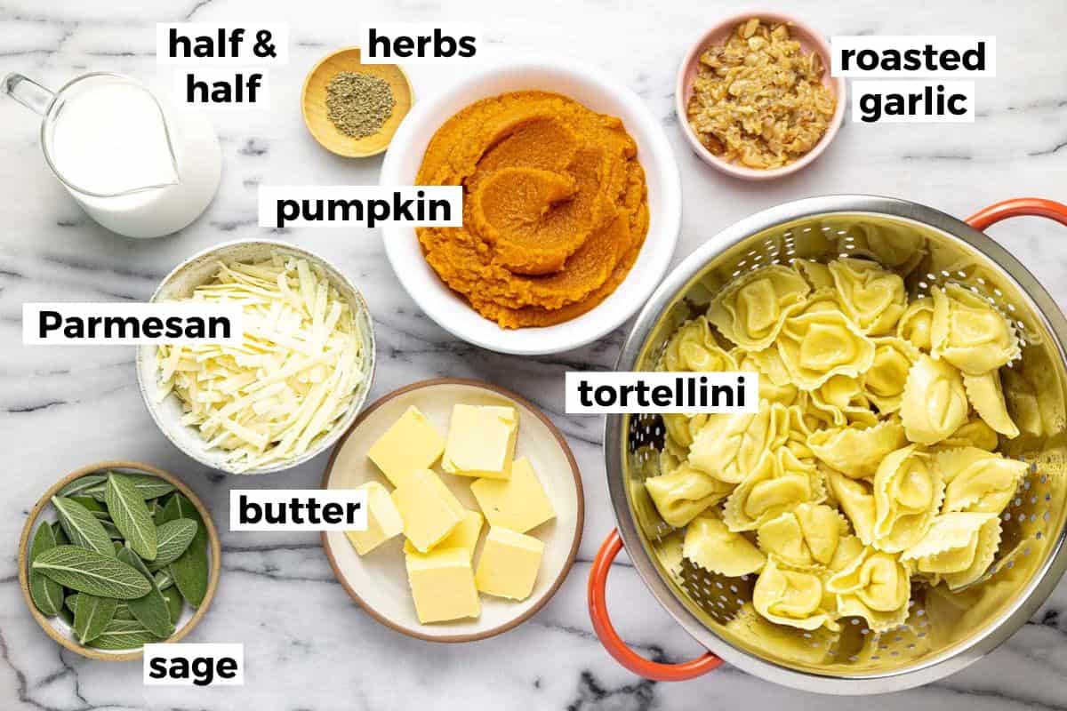 Bowls of ingredients to make pumpkin tortellini. 