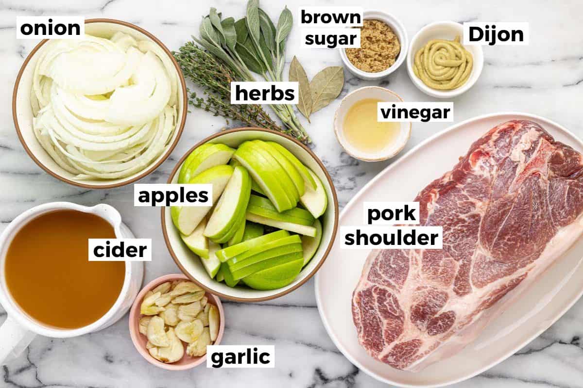 Ingredients to make apple cider braised pork roast. 