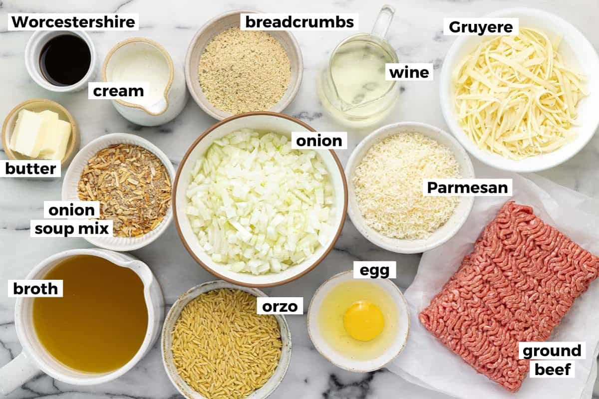 Bowls of ingredients to make French onion meatballs and orzo.