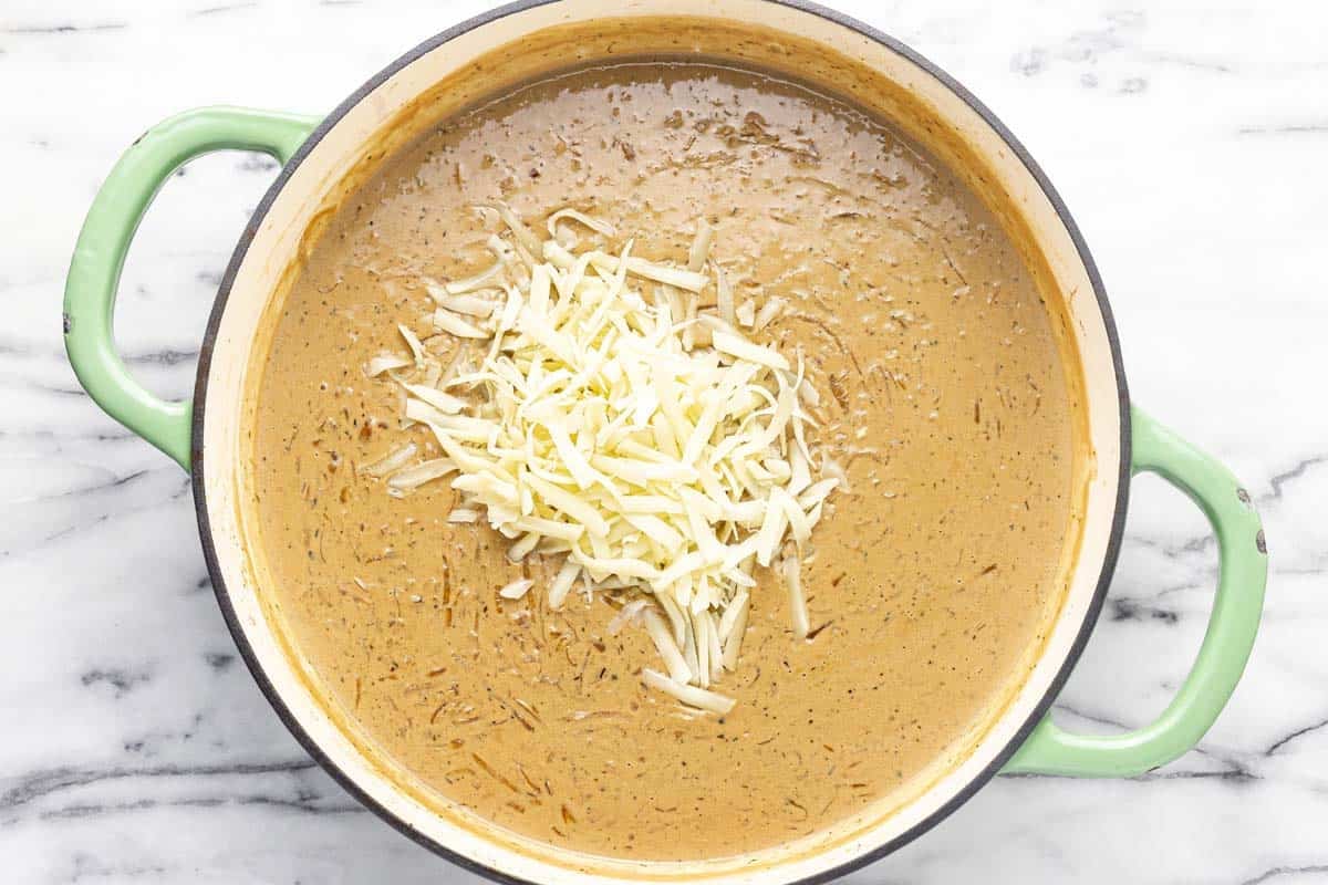 Creamy French onion sauce with shredded cheese added in.