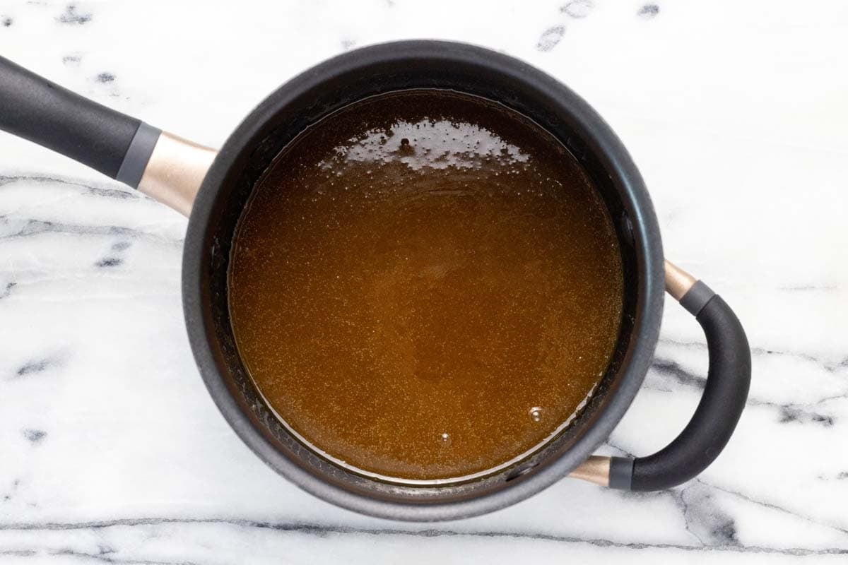 Pecan pie caramel sauce in a saucepan.