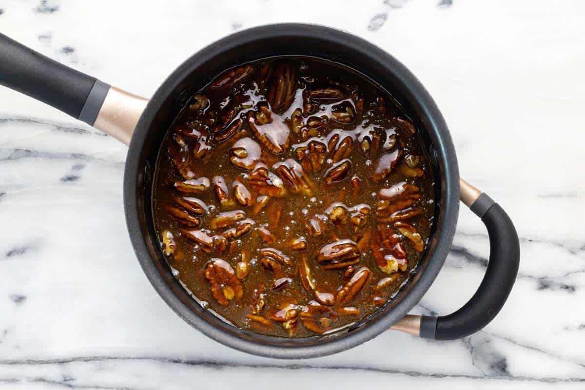 Sautepan with caramel pecan pie filling.