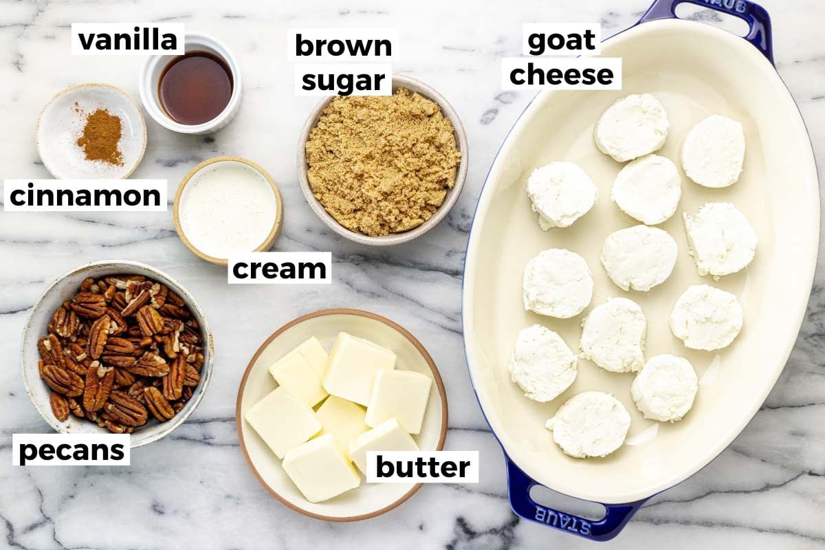 Bowls of ingredients to make pecan pie baked goat cheese.