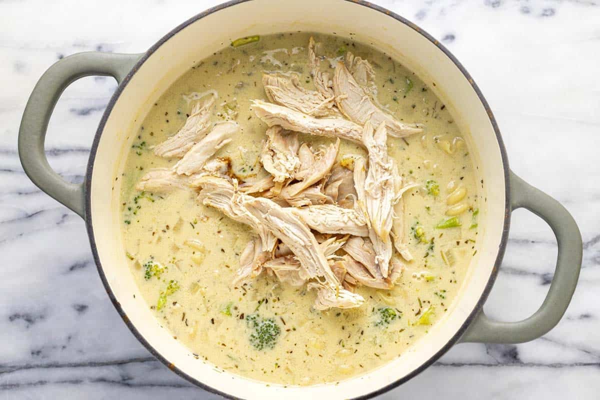 Shredded chicken added to alfredo soup with broccoli.