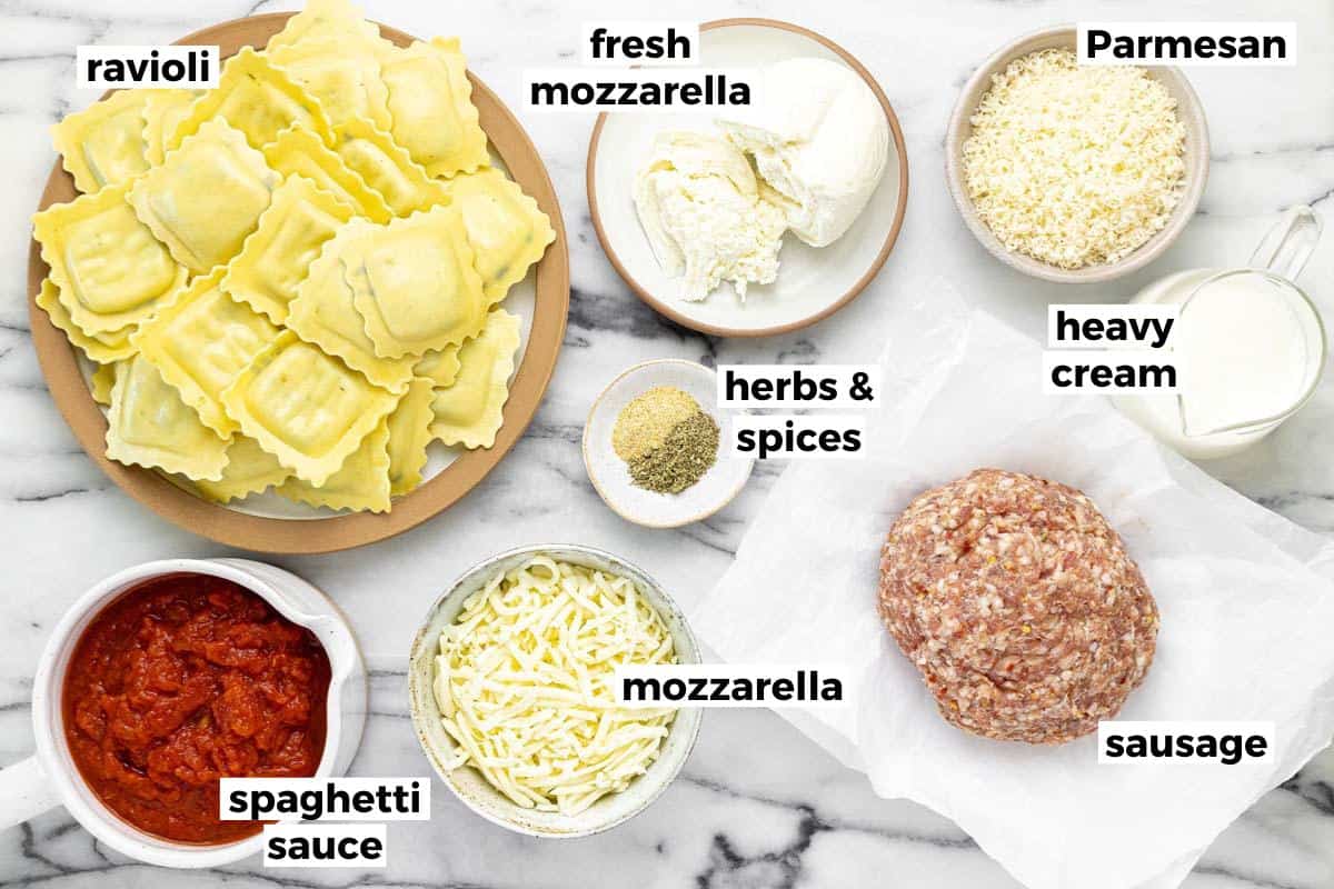 Bowls of ingredients to make skillet sausage ravioli.