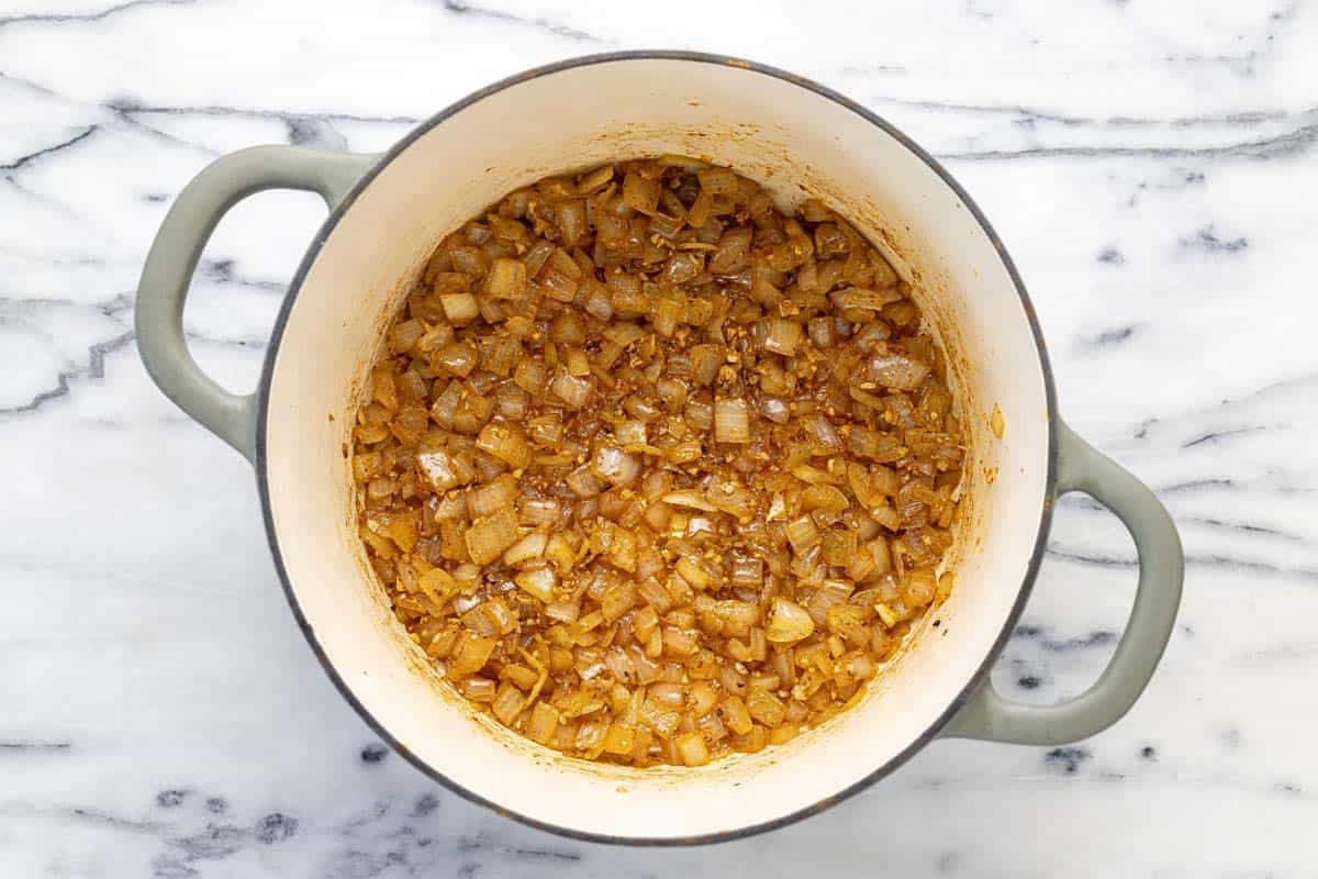 Sauteed onion and garlic in a large pot.