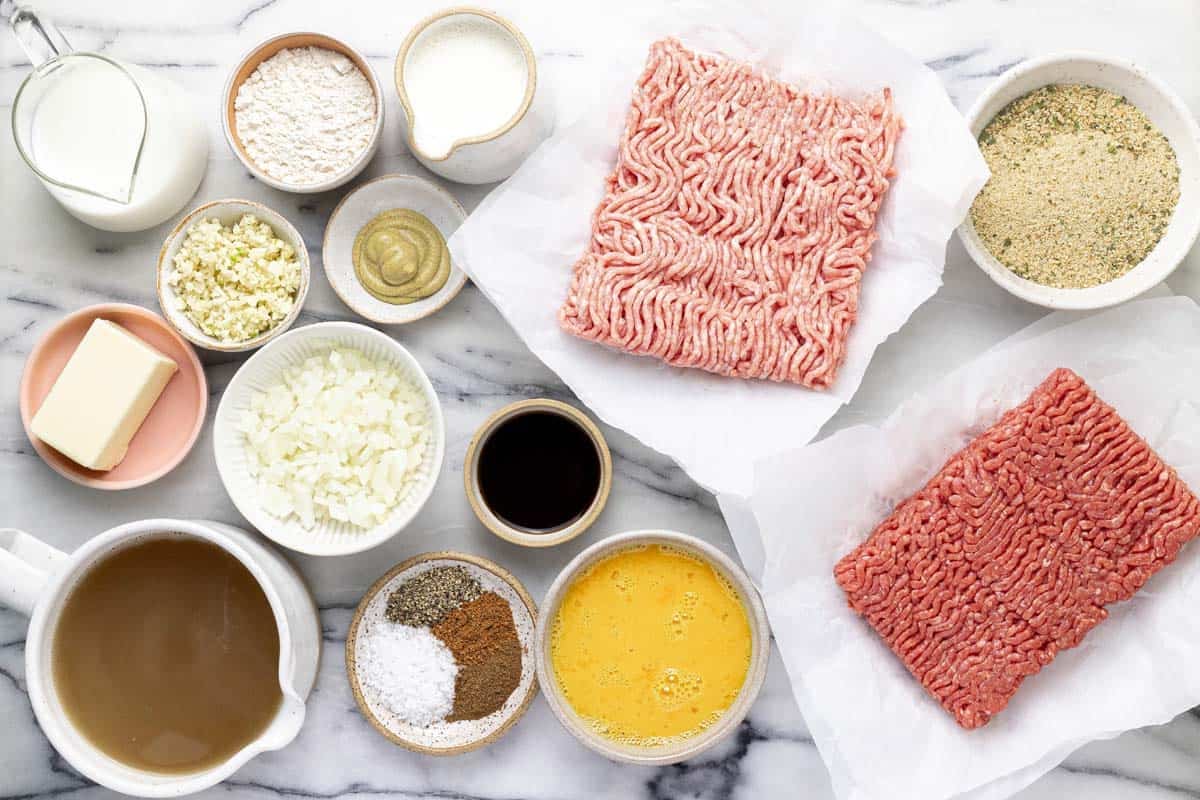 Bowls of ingredients to make easy Swedish meatballs.