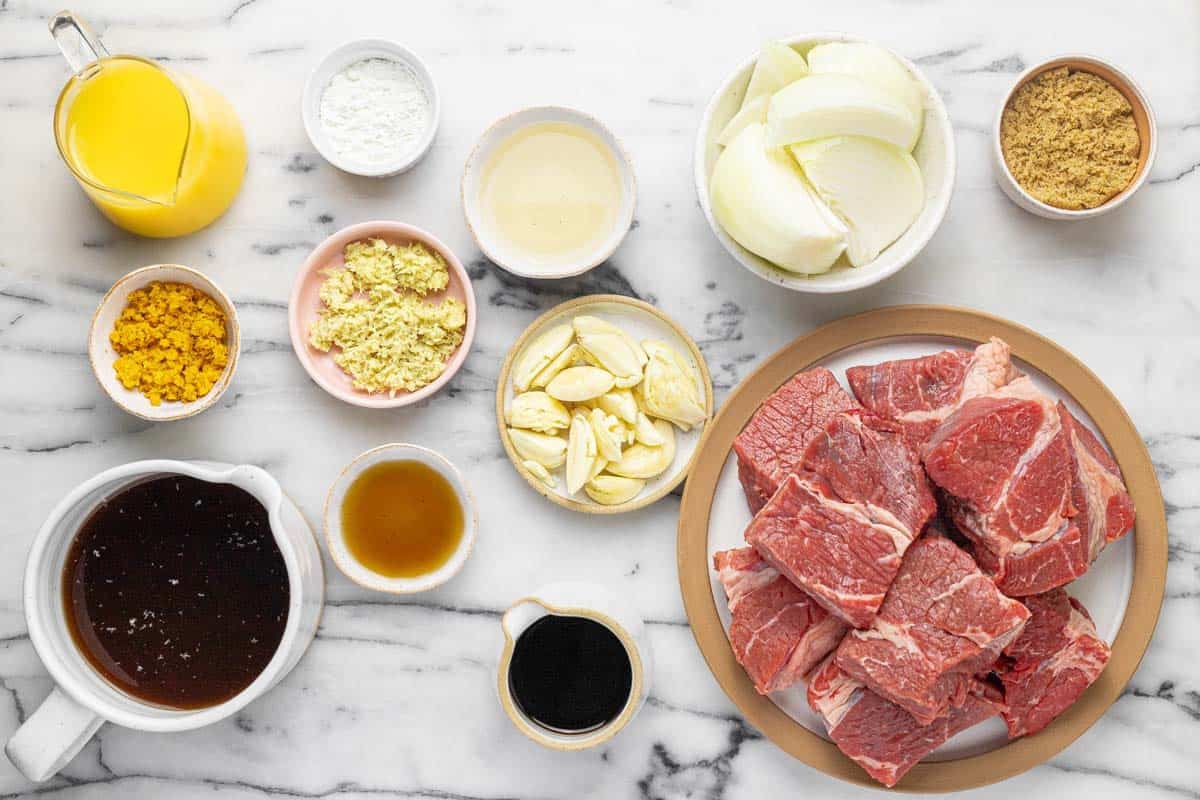 Bowls of ingredients to make braised beef chuck roast.
