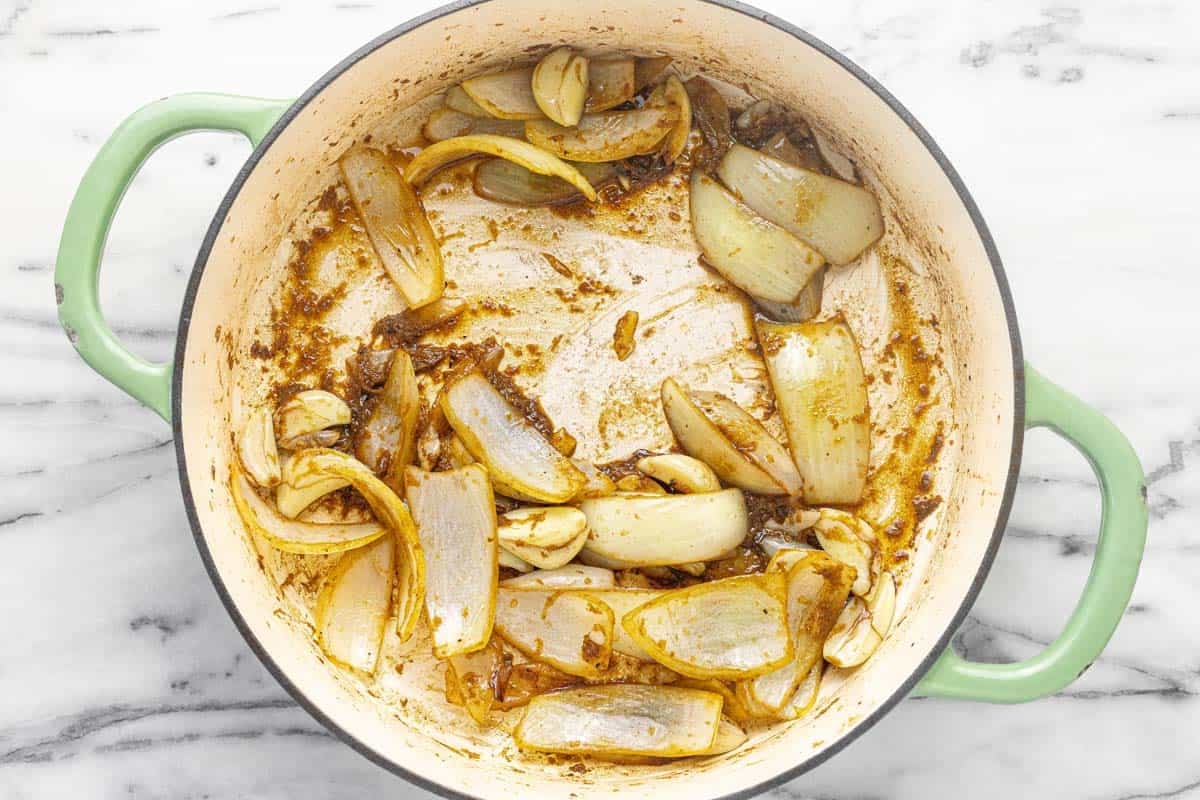 Deglazed pan of sauteed veggies.