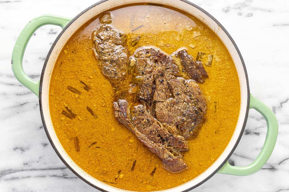 Seared chuck roast in a coconut ramen broth.