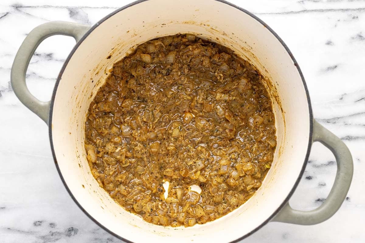 Sauteed veggie base for the chicken meatball soup.