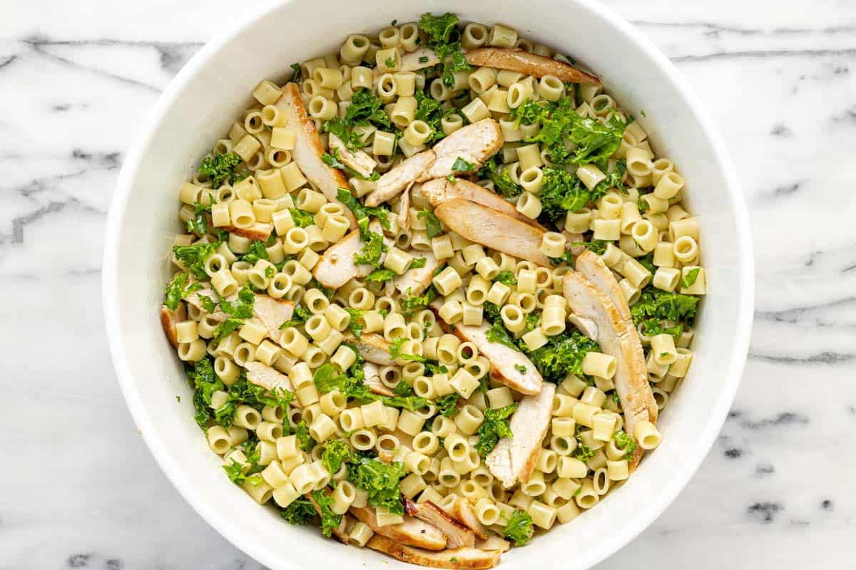 Homemade sesame chicken pasta salad in a large bowl.