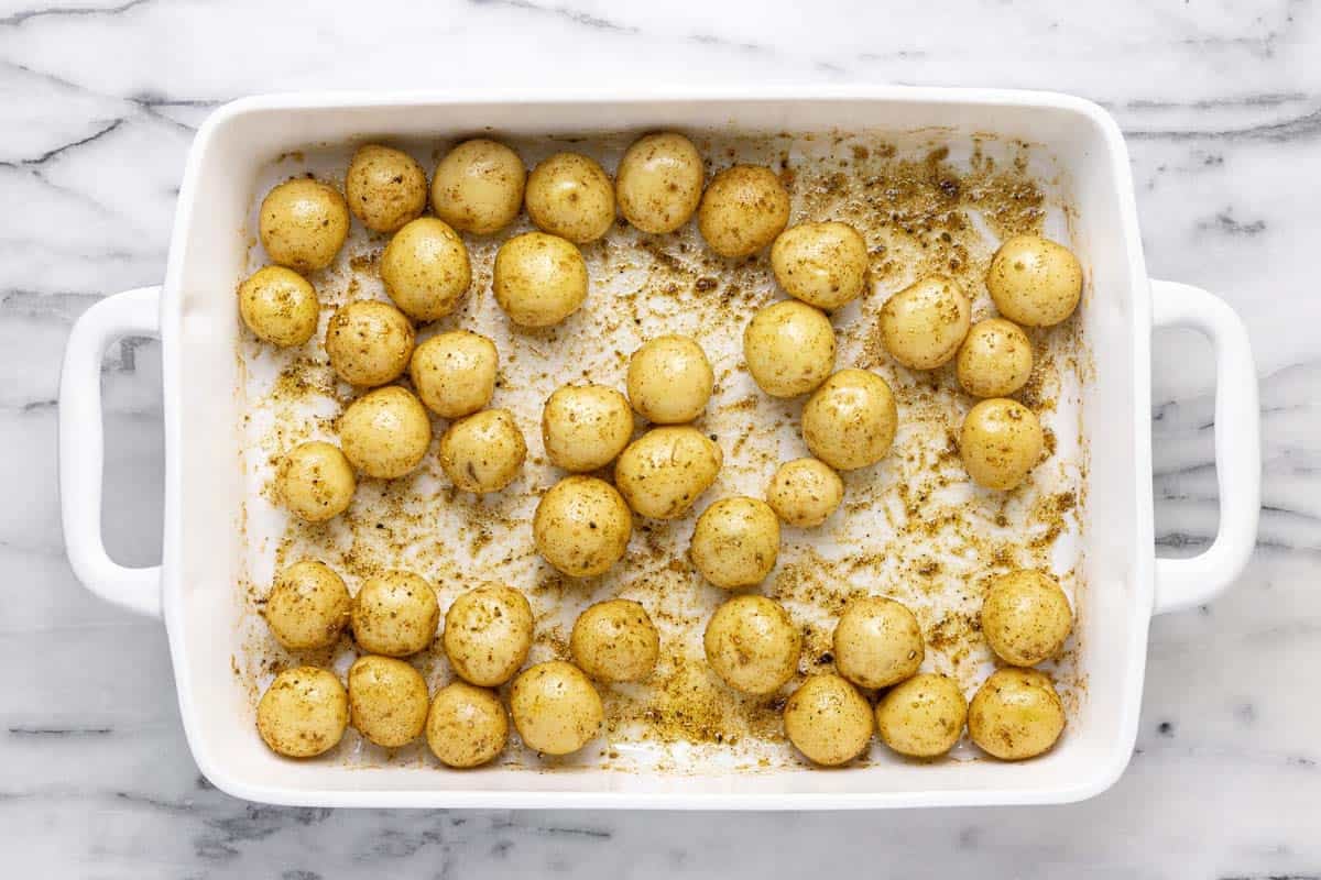 Baby potatoes tossed in olive oil, herbs, and spices. 
