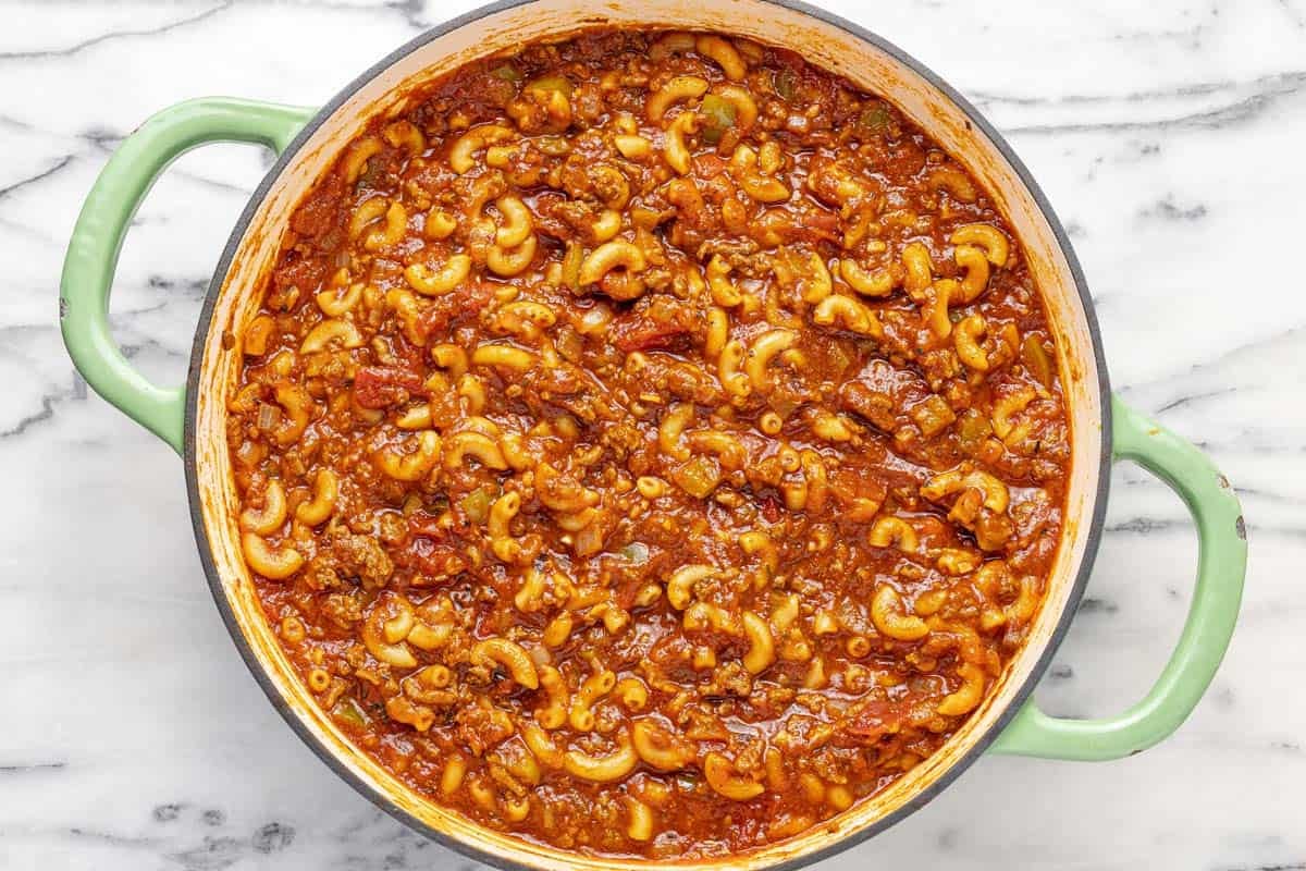 Macaroni cooked in a large pan of American goulash.