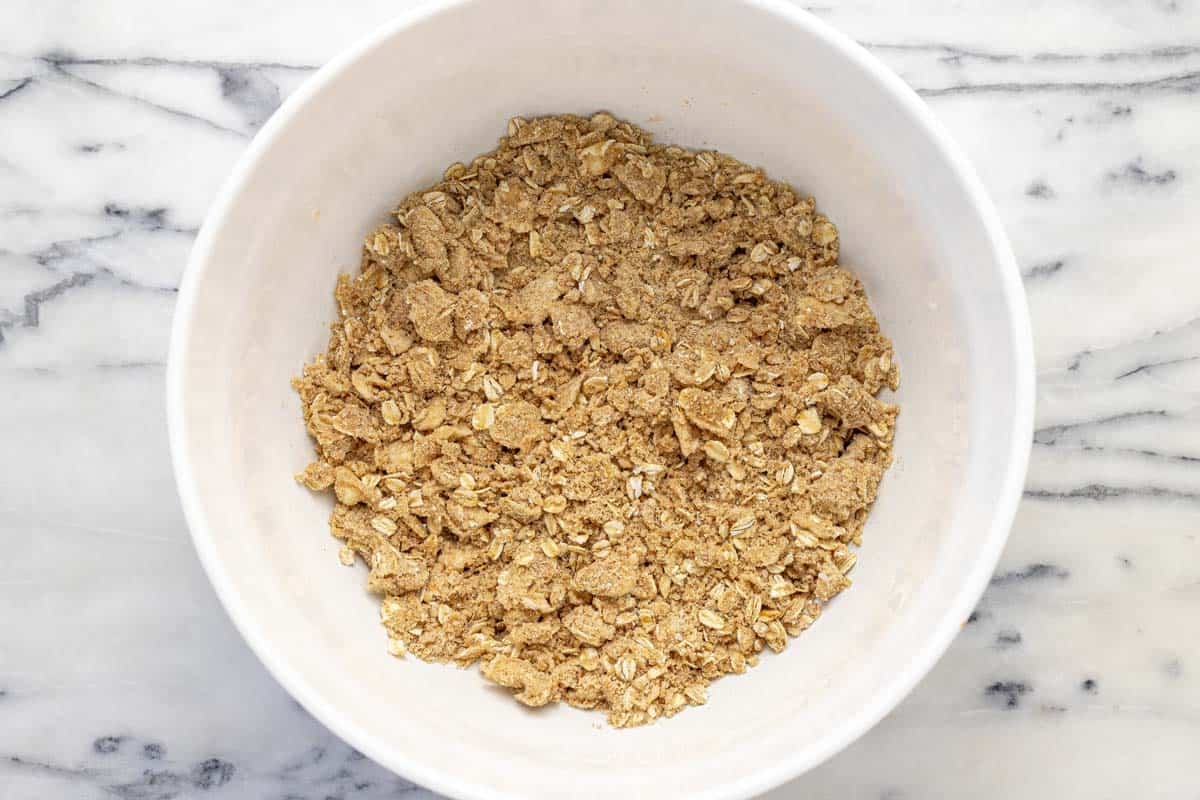 Rhubarb crisp topping in a large bowl.